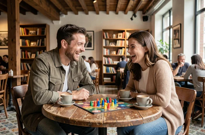 Deux amis jouant à un jeu de société dans un café cosy avec des pièces colorées et des tasses de café sur la table