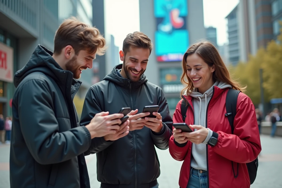 Trois amis avec smartphones et montres connectees en ville