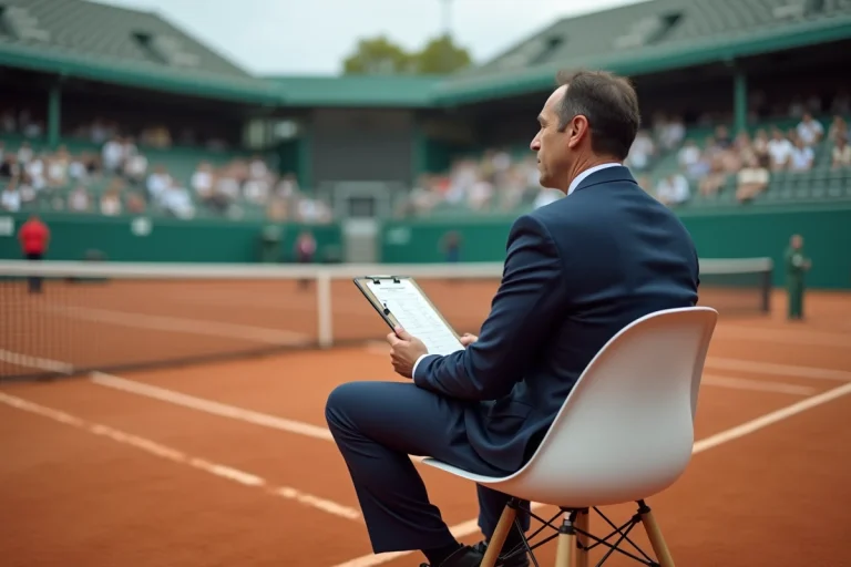 Arbitre de tennis assis dans sa chaise officielle au bord d'un court en terre battue, symbolisant le rôle du TMC dans l'arbitrage tennis