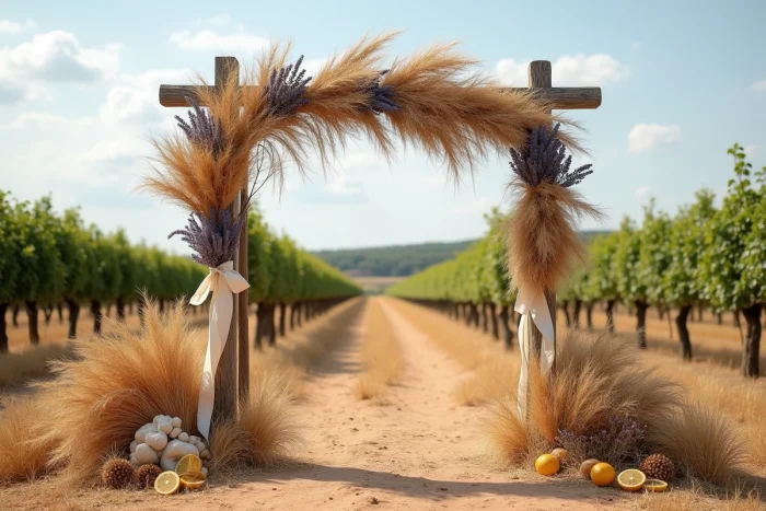 Arche de mariage rustique en bois ornée d'herbes de pampa et de lavande dans un vignoble provençal en plein air