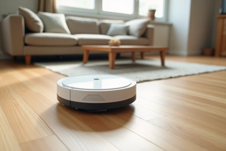 Aspirateur robot blanc en fonctionnement sur parquet en chêne clair dans un salon moderne minimaliste