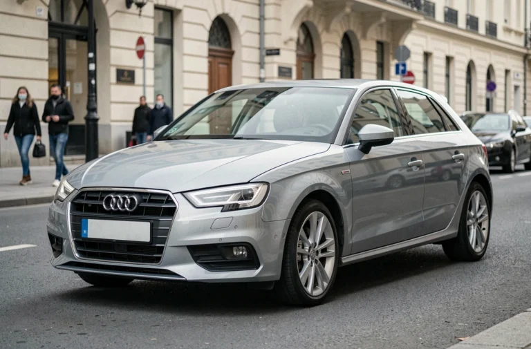 Vue extérieure trois quarts avant de l'Audi A3 Sportback en ville, montrant ses dimensions compactes et son design élancé
