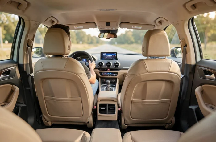 Intérieur de l'Audi A3 Sportback vu depuis la banquette arrière, illustrant l'espace pour les passagers et le volume de l'habitacle