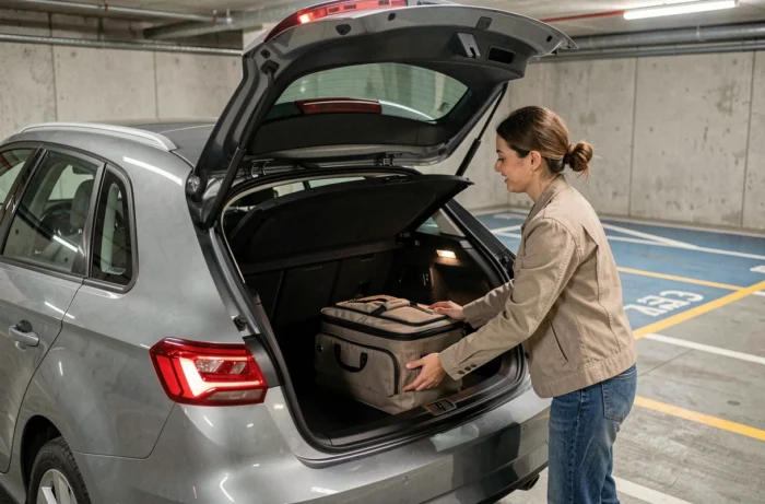 Coffre ouvert de l'Audi A3 Sportback avec une femme chargeant un bagage, illustrant le volume de chargement et les dimensions du coffre