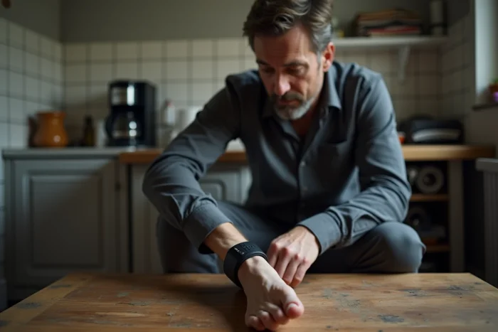 Homme portant un bracelet électronique à la cheville dans une cuisine modeste, illustrant la surveillance judiciaire à domicile en 2026