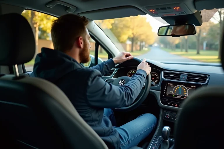 Homme dans sa voiture Volkswagen vérifiant l'assistance au conduite