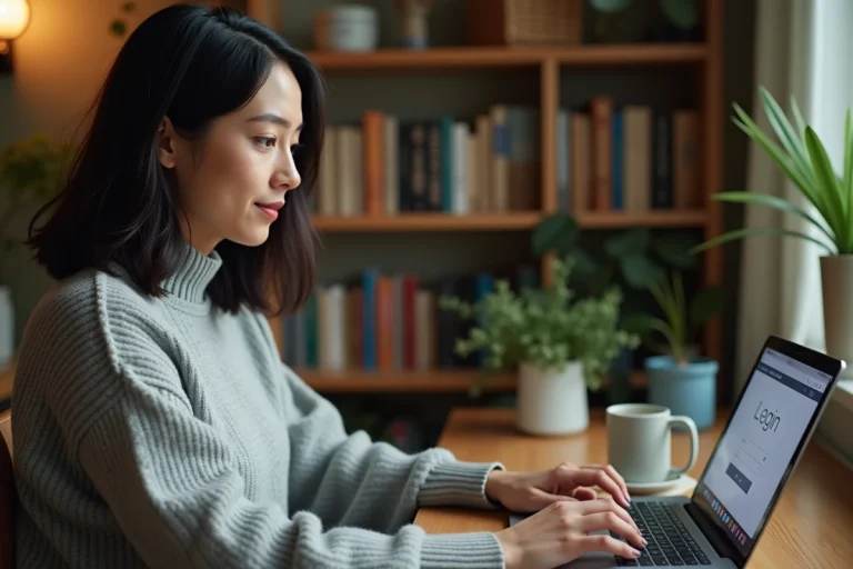Femme se connectant à son espace utilisateur Overblog sur un ordinateur portable dans un bureau à domicile