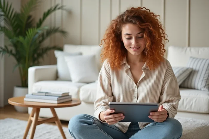 Jeune femme se connectant à Overblog sur une tablette depuis son salon de style scandinave