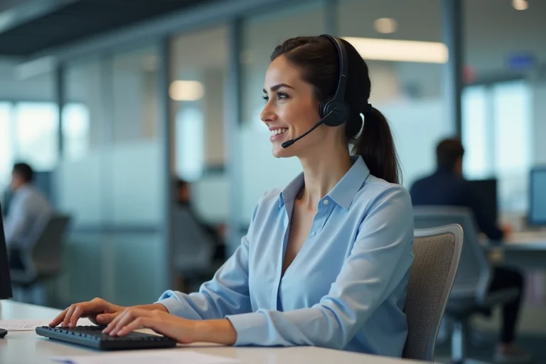 Conseillère du service client Famille SNCF avec casque téléphonique dans un bureau moderne