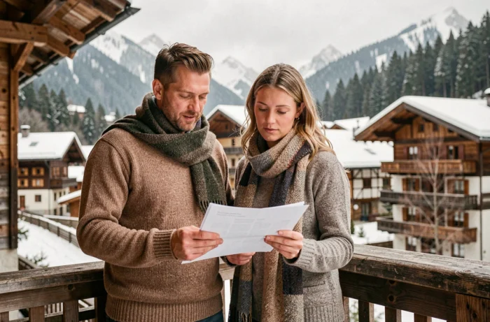 Couple consultant des documents immobiliers sur la terrasse d'un chalet suisse en montagne en hiver