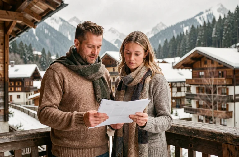 Couple consultant des documents immobiliers sur la terrasse d'un chalet suisse en montagne en hiver