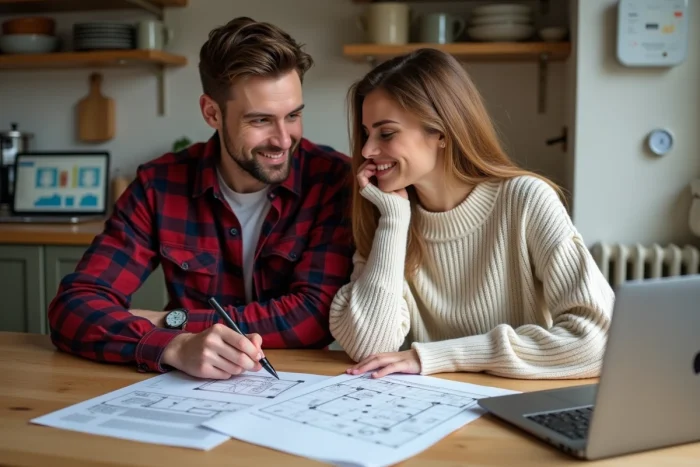 Couple analysant un rapport d'audit énergétique et des plans de logement pour optimiser la consommation d'énergie de leur maison