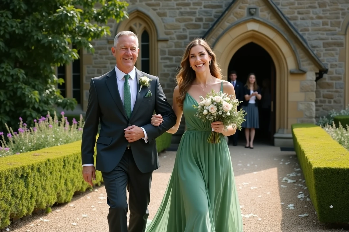 Couple marchant main dans la main après la cérémonie de mariage