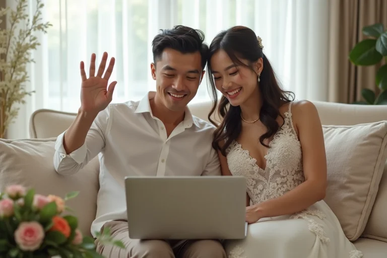 Couple souriant en tenue de mariage devant un ordinateur