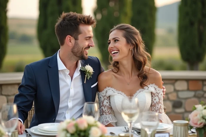 Couple de mariés riant à une table de réception champêtre décorée de fleurs sauvages et de vaisselle vintage dans un vignoble français