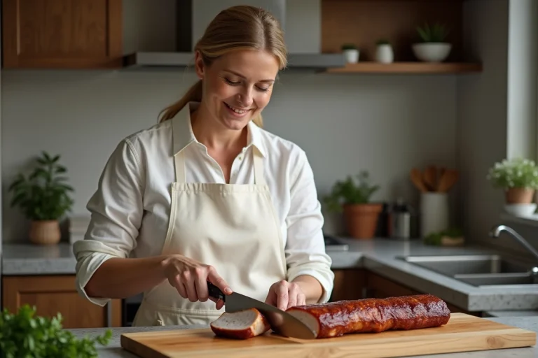 Femme en tablier coupe un filet de porc cuit dans une cuisine chaleureuse
