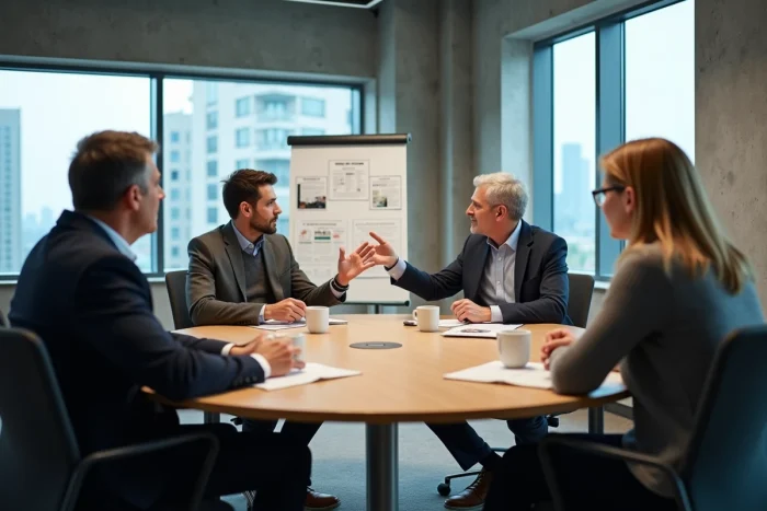 Groupe de personnes engagées dans un débat de société autour d'une table dans un bureau contemporain