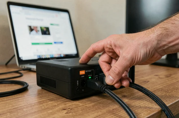 Gros plan des mains débranchant le câble d'alimentation du décodeur Orange sur un bureau pour le redémarrer
