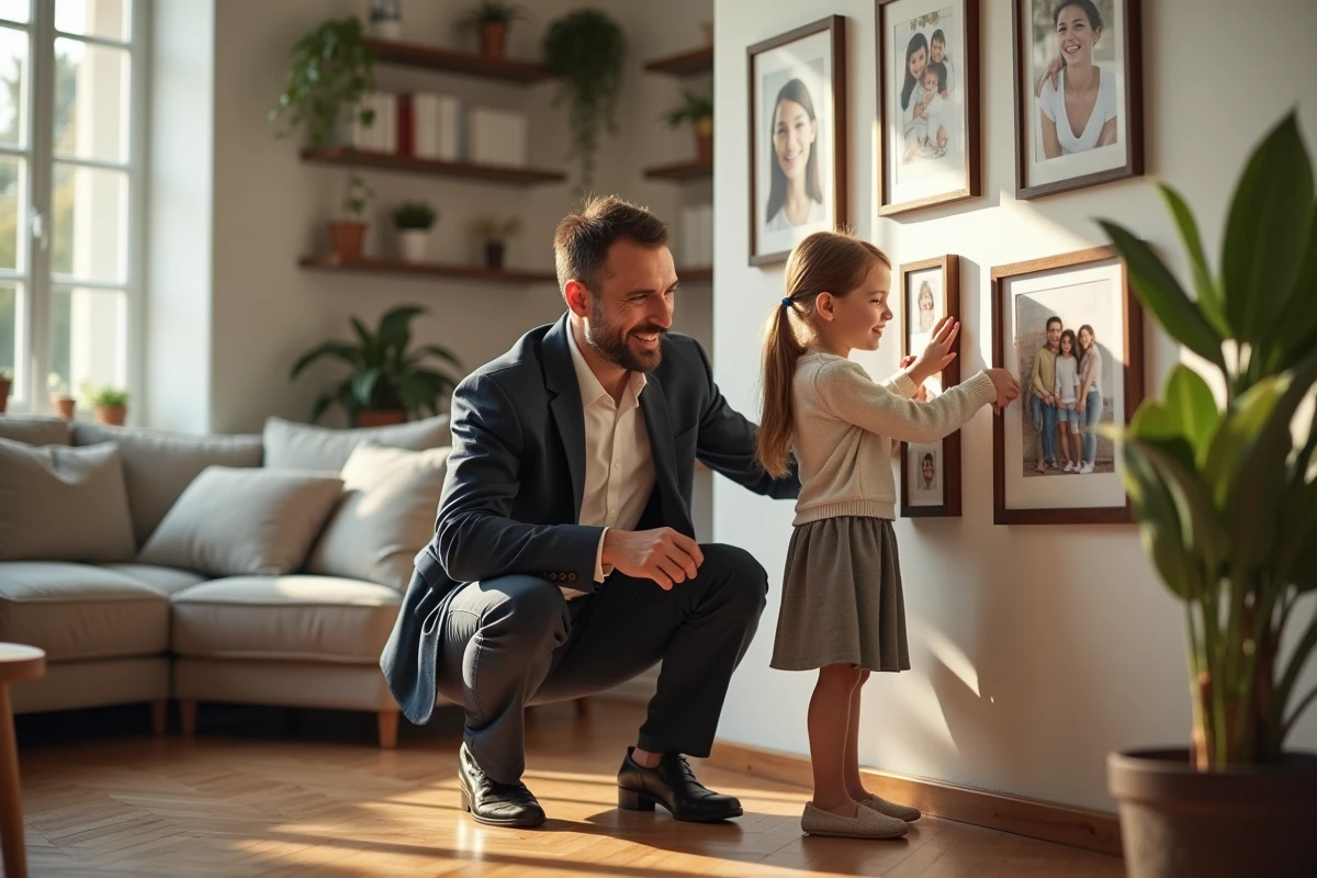 Pere et fille arrangeant des portraits en famille dans le salon