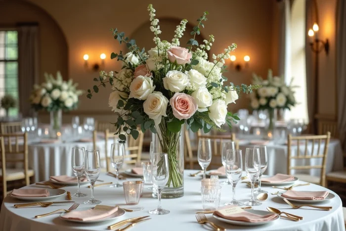 Table de mariage décorée avec des fleurs blanches et roses, vaisselle dorée et verres en cristal dans un château français