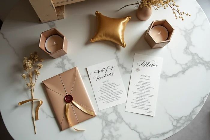 Détails de décoration de mariage en vue aérienne sur marbre blanc avec calligraphie, bougie géométrique et faire-part cacheté
