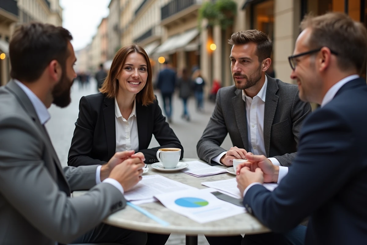 Groupe de personnes discutant dans un café européen