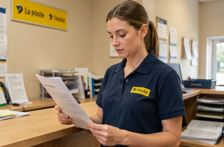 Employée de La Poste en uniforme consultant un document sur le budget habillement au guichet