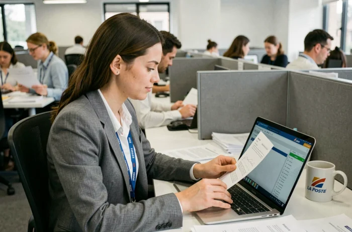 Employée RH de La Poste consultant les règles du budget habillement sur un ordinateur portable au bureau