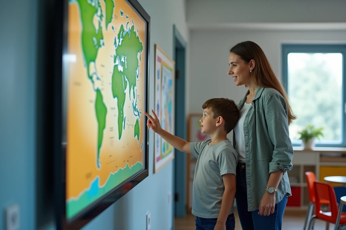 Enseignante guide un élève vers un écran interactif