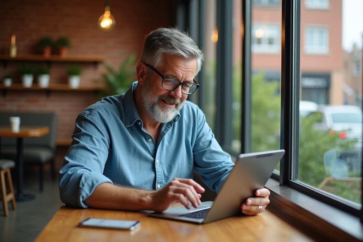 Homme d affaires analysant des rapports sur une tablette dans un café