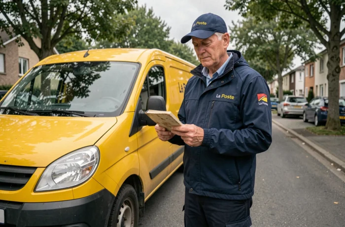Facteur La Poste en uniforme complet devant un véhicule jaune consultant ses droits habillement
