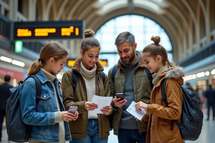 Famille consultant les contacts de l'agence Famille SNCF dans une gare française
