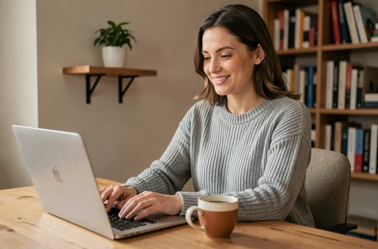Femme accédant à une plateforme de formation en ligne depuis son bureau à domicile avec un ordinateur portable