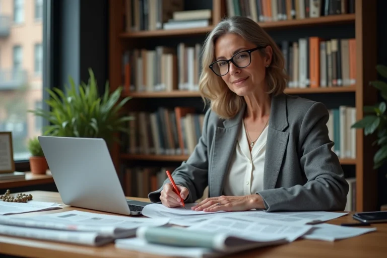 Femme analyste annotant des journaux et rapports d'actualité dans un bureau à domicile entouré de livres