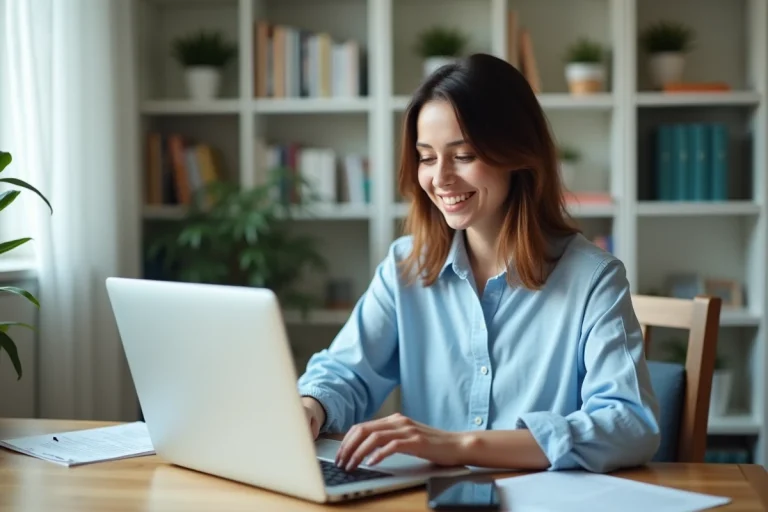 Jeune femme au bureau à domicile utilisant un ordinateur portable