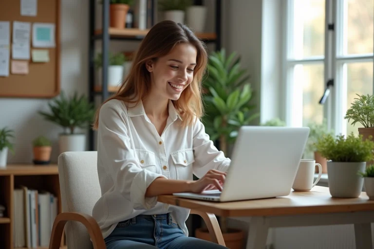 Jeune femme au bureau à domicile souriante devant son ordinateur