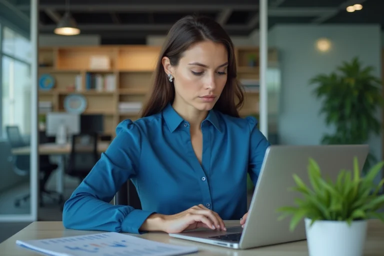 Femme professionnelle au bureau utilisant un tableau de bord numérique