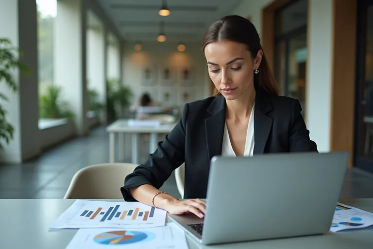 Femme d affaires utilisant un ordinateur dans un bureau moderne