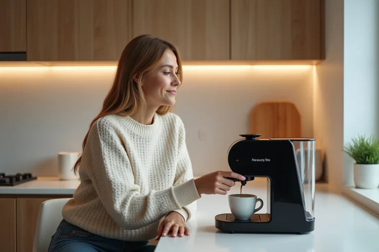 Femme détendue préparant un espresso dans une cuisine moderne