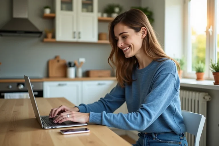 Femme souriante travaillant sur son ordinateur à la maison