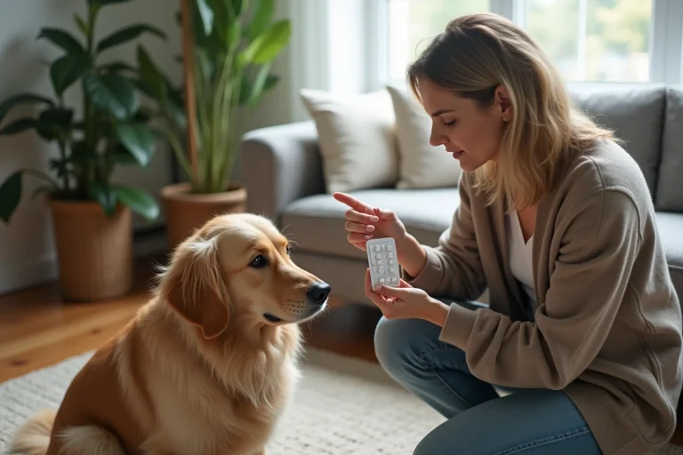 Femme concernée avec son chien et médicament dans une maison
