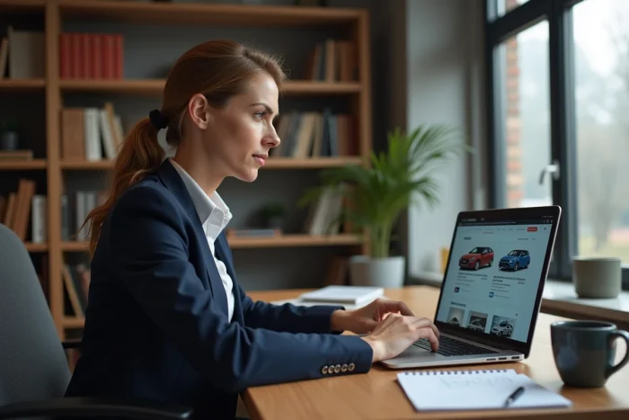Femme comparant des plateformes d'achat de voiture en ligne sur un ordinateur portable dans un bureau à domicile