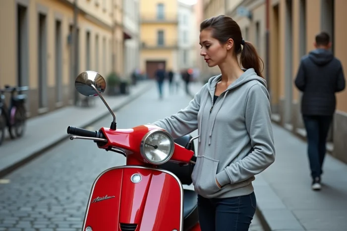 Femme consultant le compteur kilométrique de son scooter 125cc en milieu urbain