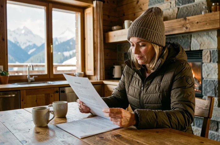 Femme lisant un contrat immobilier dans l'intérieur chaleureux d'un chalet suisse alpin