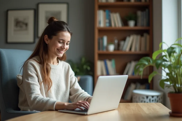 Jeune femme créant une annonce en ligne à son bureau