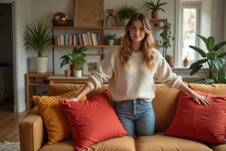 Jeune femme arrangeant des coussins colorés dans un salon chaleureux