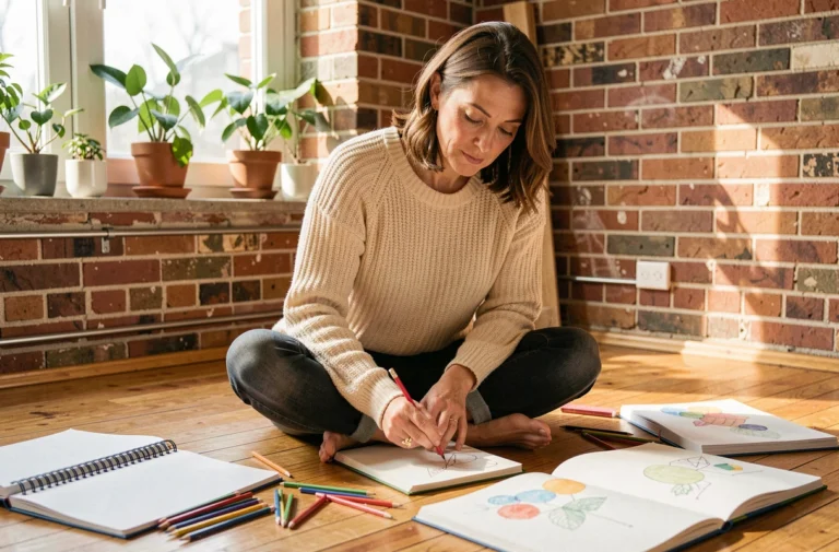 Femme dessinant dans son atelier créatif entourée de carnets de croquis et de crayons colorés