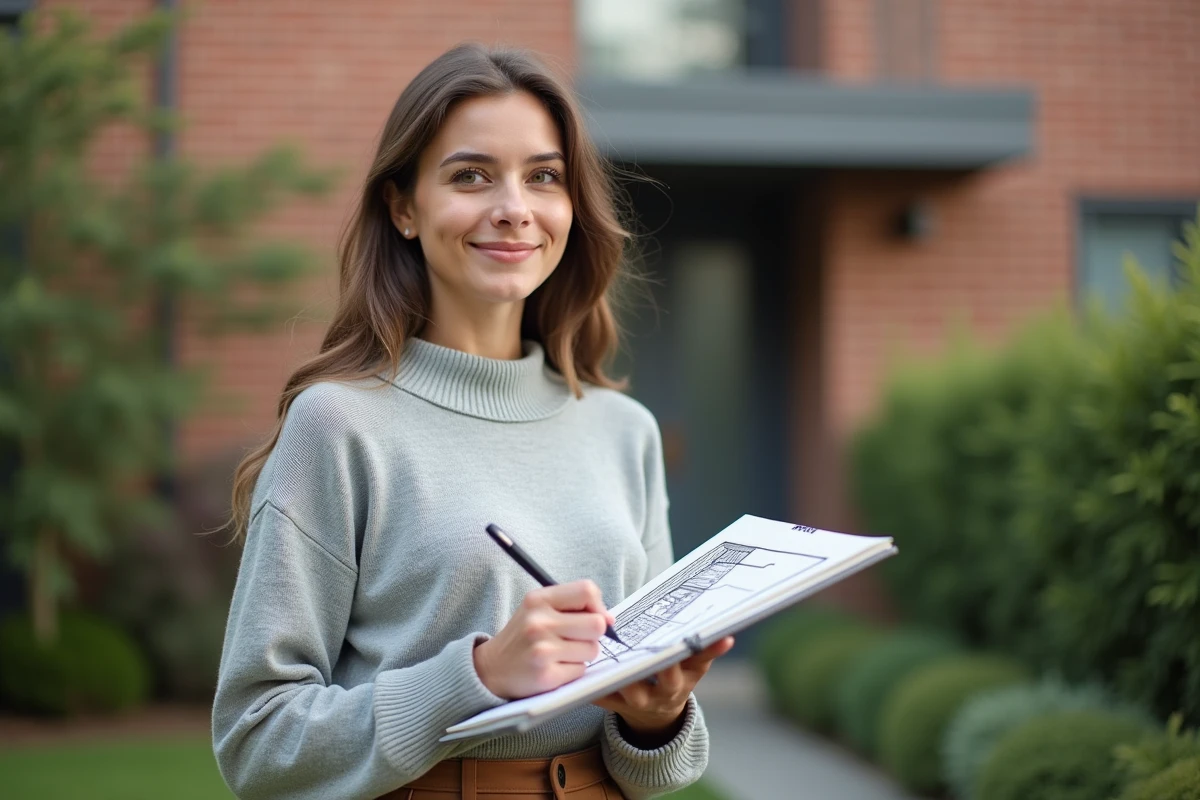 Jeune femme esquissant un mur extérieur en pente