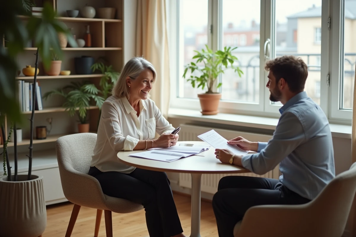 Femme discutant avec un conseiller financier dans un salon lumineux