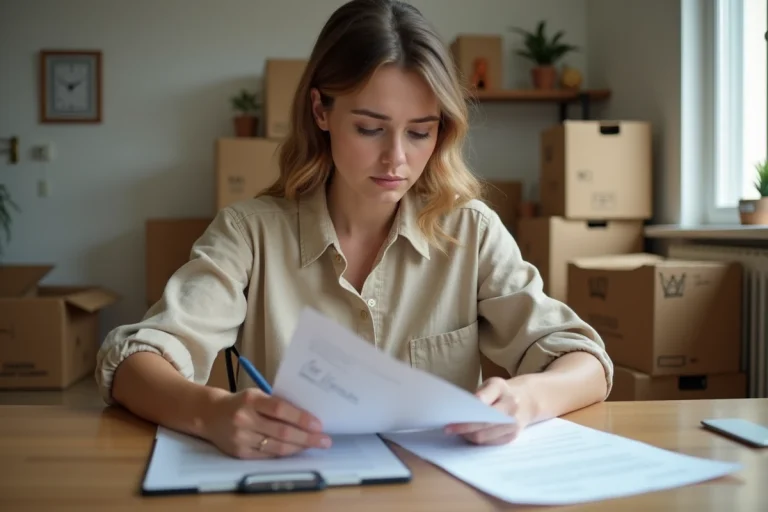 Femme consultant des documents administratifs d'APL entourée de cartons de déménagement dans un appartement en cours de vidage